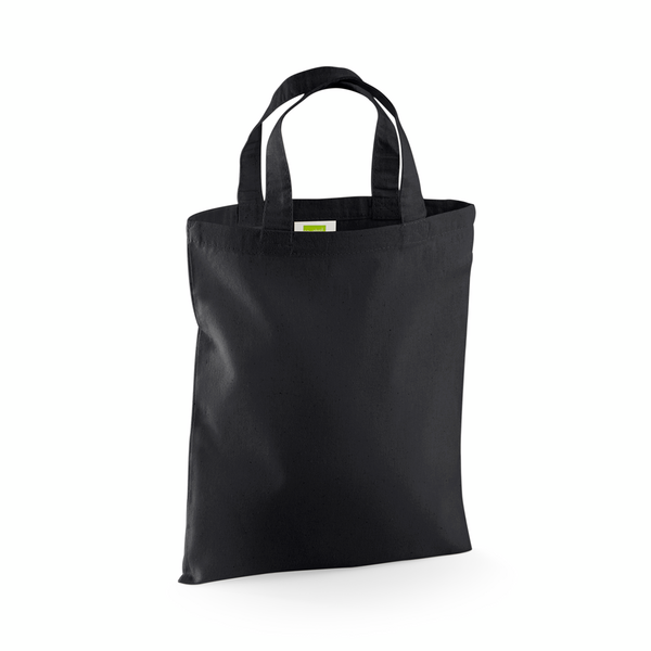 Black mini cotton tote bag with custom logo print, 140 g/m², 26 × 32.5 cm