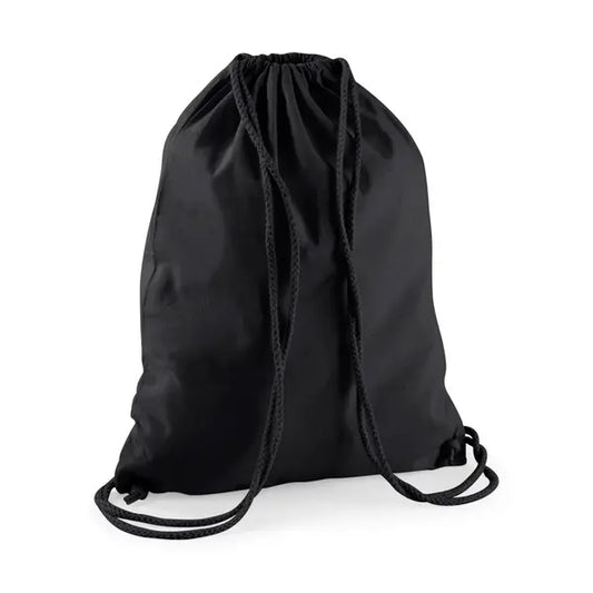Mochila saco de algodón con estampado personalizado – negra con cordones negros – imagen 1