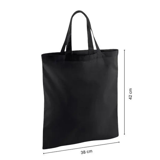 Sort bomulds mulepose med korte hanke og logotryk, 140 g/m², 38 x 42 cm