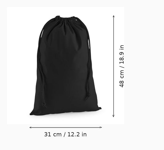 Black cotton drawstring pouch with custom logo print, M 31 x 48 cm (12.2 x 18.9 in), shown with width and height measurement arrows