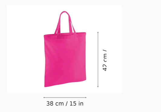Shopper in cotone fucsia con manici corti e stampa personalizzata, 38 × 42 cm, con indicazioni di altezza e larghezza