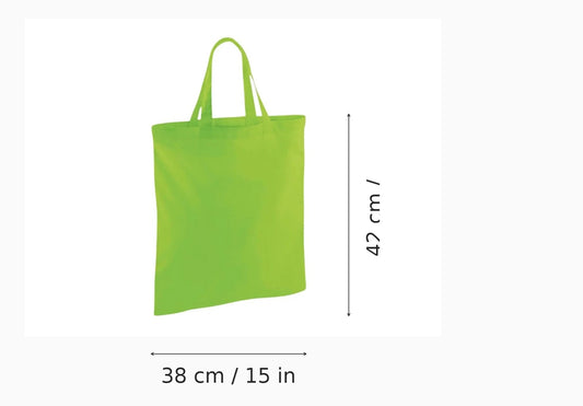 Shopper in cotone verde lime con manici corti e stampa personalizzata, 38 × 42 cm, con indicazioni di altezza e larghezza