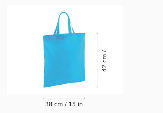 Shopper in cotone turchese con manici corti e stampa personalizzata, 38 × 42 cm, con indicazioni di altezza e larghezza