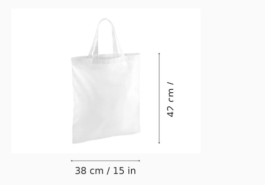 Shopper in cotone bianca con manici corti e stampa personalizzata, 38 × 42 cm, con indicazioni di altezza e larghezza