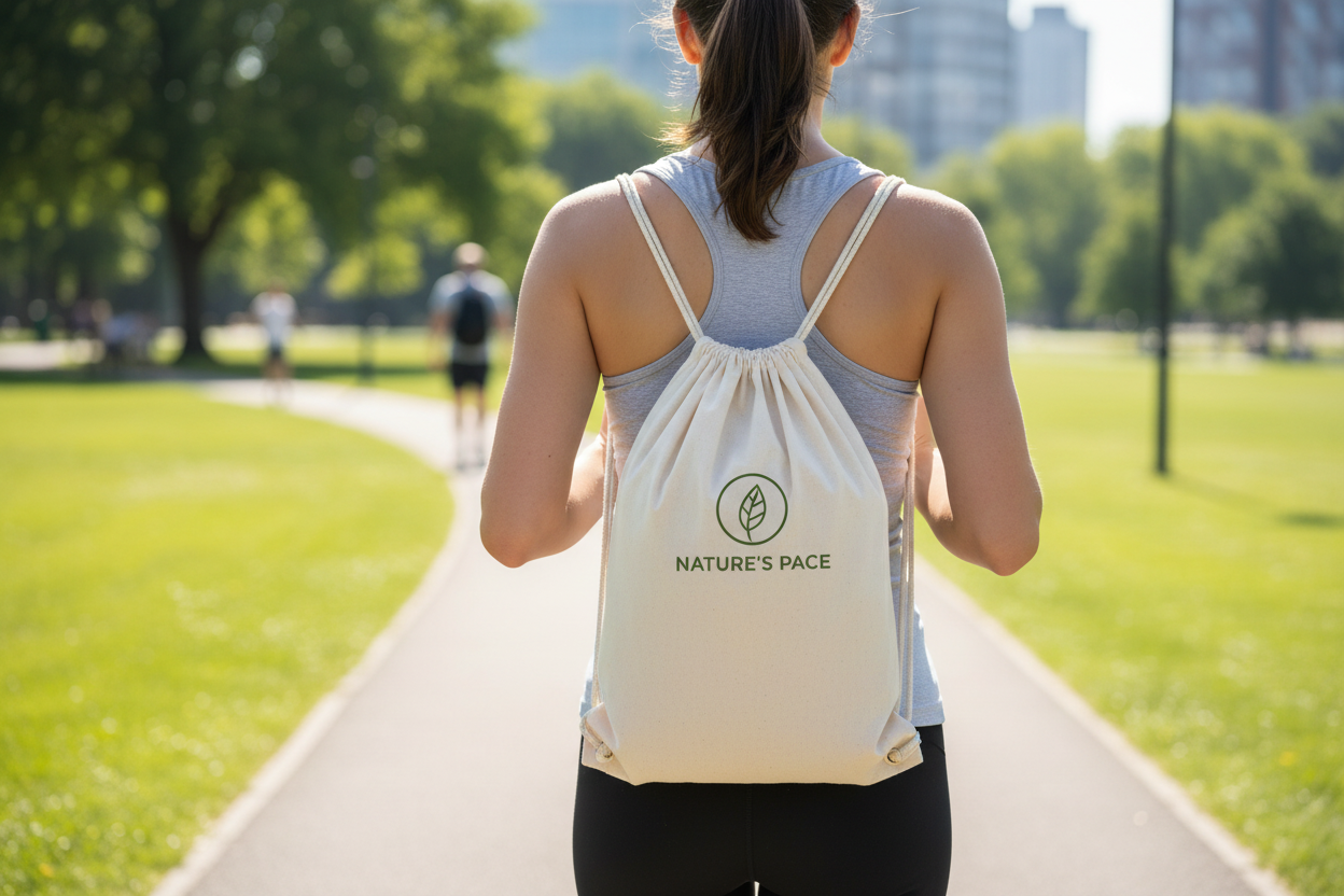 Mulepose i natur med blå hanke og logotryk (140 g/m², 38×42 cm)