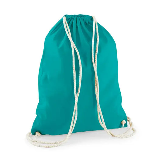 Mochila saco de algodón con cordón y estampado personalizado en verde esmeralda – imagen 1
