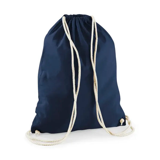 Mochila saco de algodón con cordón y estampado personalizado en azul marino francés – imagen 1