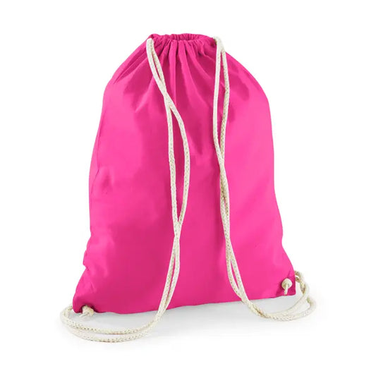 Mochila saco de algodón con cordón y estampado personalizado en rosa fucsia – imagen 1