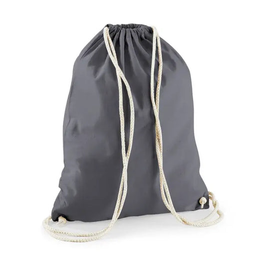 Mochila saco de algodón con cordón y estampado personalizado en gris grafito oscuro – imagen 1