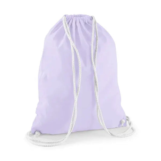 Mochila saco de algodón con estampado personalizado – morado lavanda con cordones blancos – imagen 1