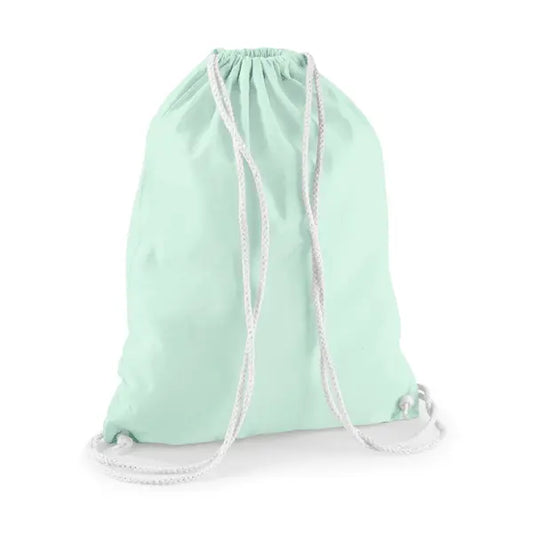 Mochila saco de algodón con estampado personalizado – verde menta pastel con cordones blancos – imagen 1