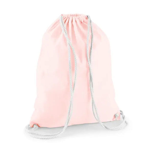 Mochila saco de algodón con estampado personalizado – rosa pastel con cordones blancos – imagen 1