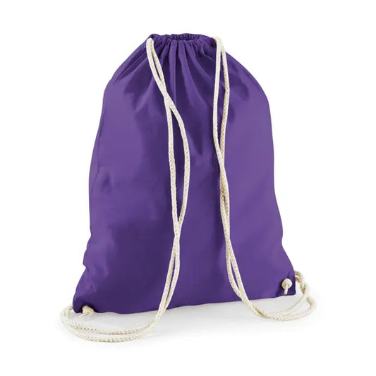 Mochila saco de algodón con cordón y estampado personalizado en morado – imagen 1