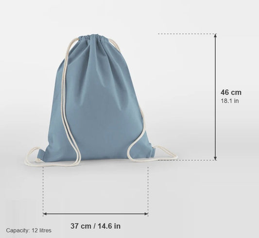 Dusty blue organic cotton gymsac, 140 g/m², with measurements: 37 cm wide, 46 cm high, 12 litres