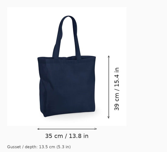A navy blue canvas tote bag shown on a light gray background with dimension arrows and text indicating 35 cm width and 39 cm height, plus gusset depth information.