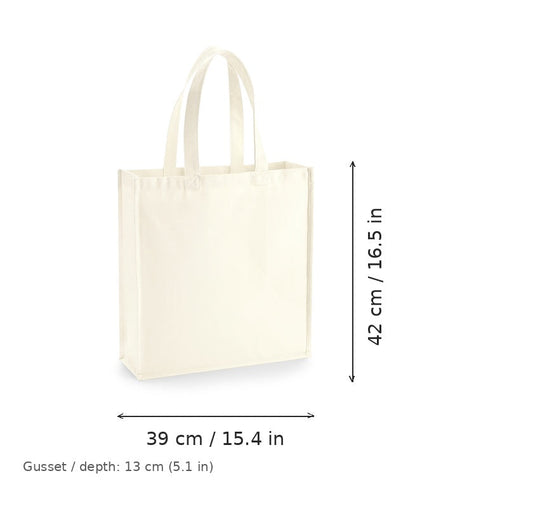 Bolsa de lona Gallery con fuelles natural con estampado personalizado, 407 g/m², 39 × 42 cm con fuelle de 13 cm, con medidas de ancho y alto