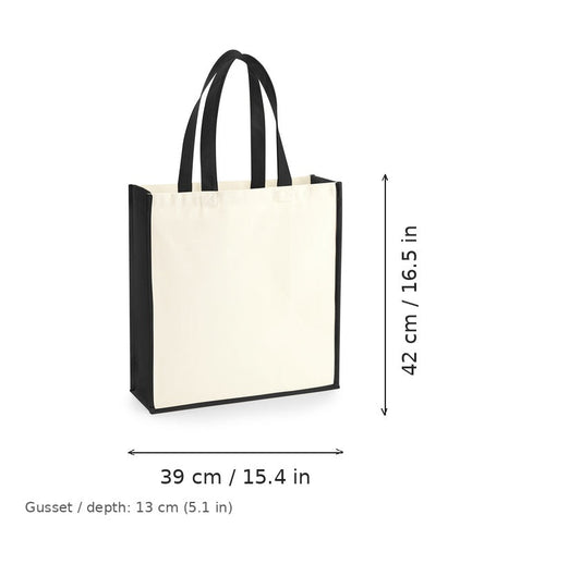Bolsa de lona Gallery con fuelles natural y negra con estampado personalizado, 407 g/m², 39 × 42 cm con fuelle de 13 cm, con medidas de ancho y alto