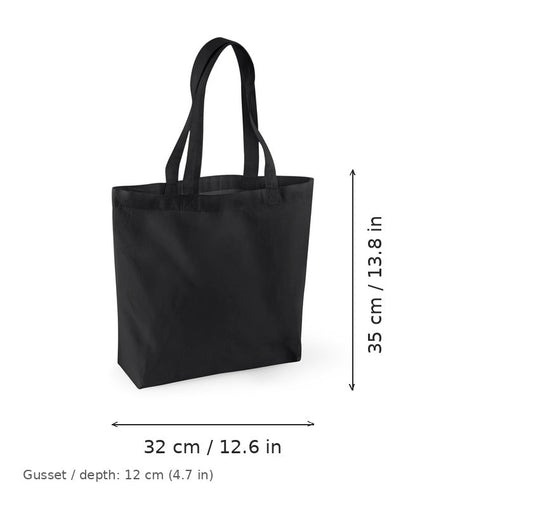 Bolsa shopper de algodón orgánico negra con fuelle y estampado personalizado, certificada GOTS, 170 g/m², 32 × 35 cm con fuelle de 12 cm, con medidas de ancho y alto