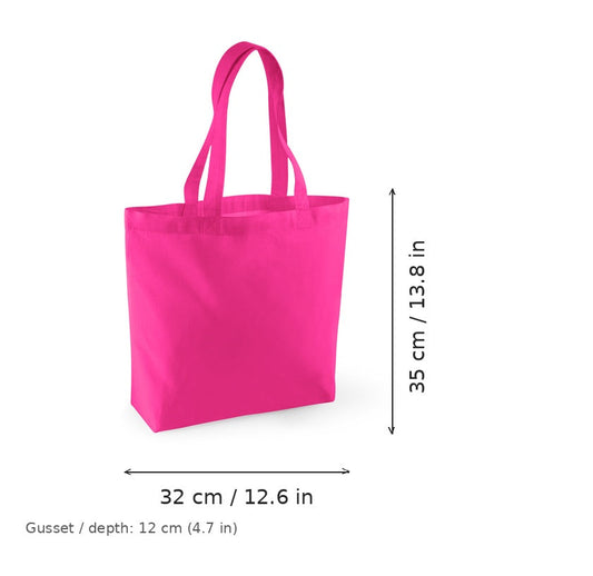 Bolsa shopper de algodón orgánico rosa fucsia con fuelle y estampado personalizado, certificada GOTS, 170 g/m², 32 × 35 cm con fuelle de 12 cm, con medidas de ancho y alto