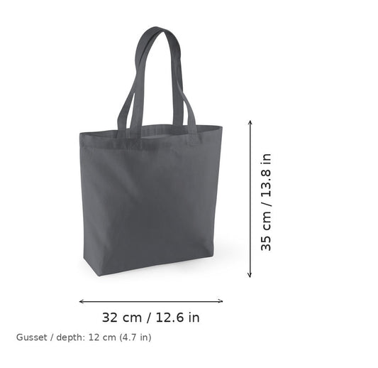 Bolsa shopper de algodón orgánico gris grafito con fuelle y estampado personalizado, certificada GOTS, 170 g/m², 32 × 35 cm con fuelle de 12 cm, con medidas de ancho y alto