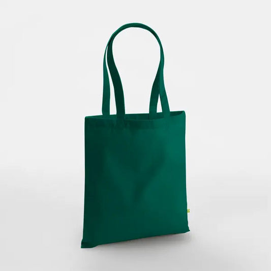 Bottle green heavyweight organic cotton tote bag with long handles and custom logo print, 340 g/m², 38 × 42 cm