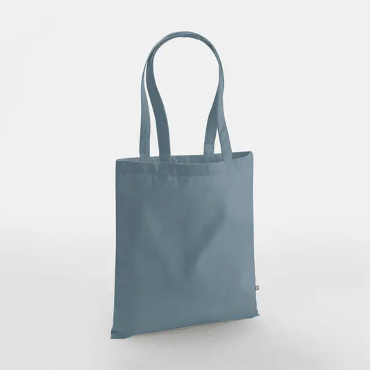 Dusty blue heavyweight organic cotton tote bag with long handles and custom logo print, 340 g/m², 38 × 42 cm