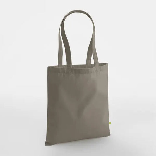 Mushroom beige heavyweight organic cotton tote bag with long handles and custom logo print, 340 g/m², 38 × 42 cm