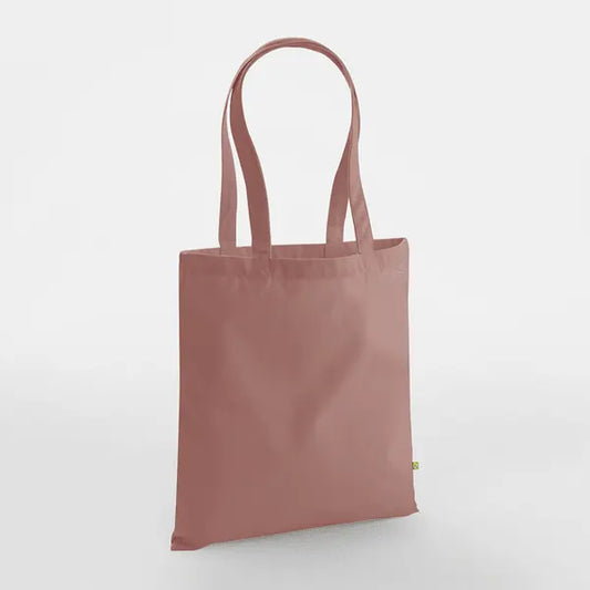 Rose pink heavyweight organic cotton tote bag with long handles and custom logo print, 340 g/m², 38 × 42 cm