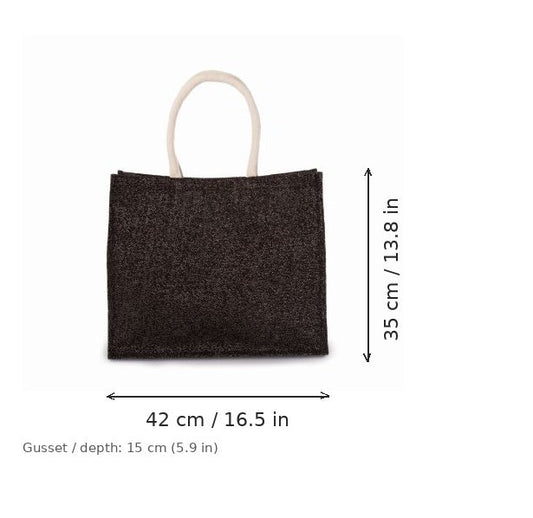 Borsa mare in juta nera e argento con stampa personalizzata, 330 g/m², 42 × 35 cm con soffietto da 15 cm, con misure di larghezza e altezza