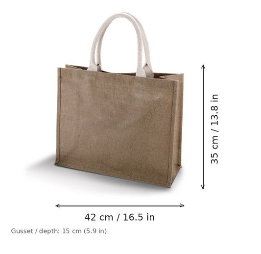 Borsa mare in juta marrone cappuccino con stampa personalizzata, 330 g/m², 42 × 35 cm con soffietto da 15 cm, con misure di larghezza e altezza