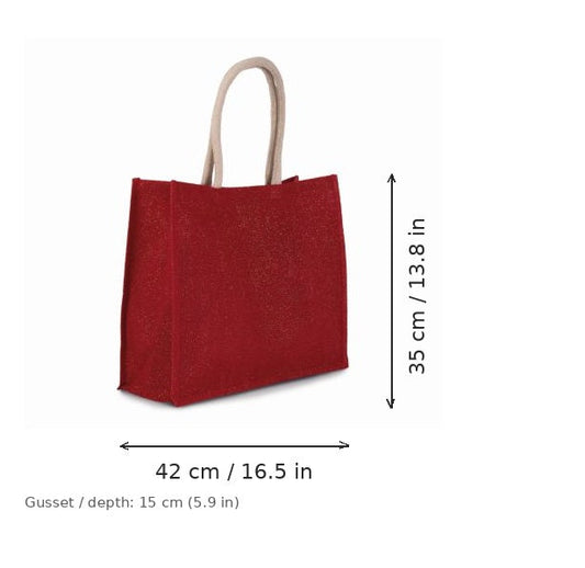 Borsa mare in juta rosso ciliegia e oro con stampa personalizzata, 330 g/m², 42 × 35 cm con soffietto da 15 cm, con misure di larghezza e altezza