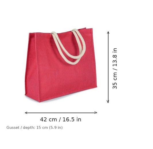 Borsa mare in juta rosso corallo con stampa personalizzata, 330 g/m², 42 × 35 cm con soffietto da 15 cm, con misure di larghezza e altezza