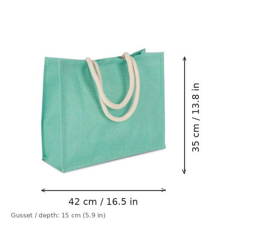 Borsa mare in juta verde menta ghiaccio con stampa personalizzata, 330 g/m², 42 × 35 cm con soffietto da 15 cm, con misure di larghezza e altezza