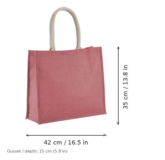 Borsa mare in juta rosa marsala chiaro con stampa personalizzata, 330 g/m², 42 × 35 cm con soffietto da 15 cm, con misure di larghezza e altezza