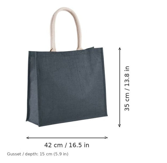 Borsa mare in juta blu notte con stampa personalizzata, 330 g/m², 42 × 35 cm con soffietto da 15 cm, con misure di larghezza e altezza