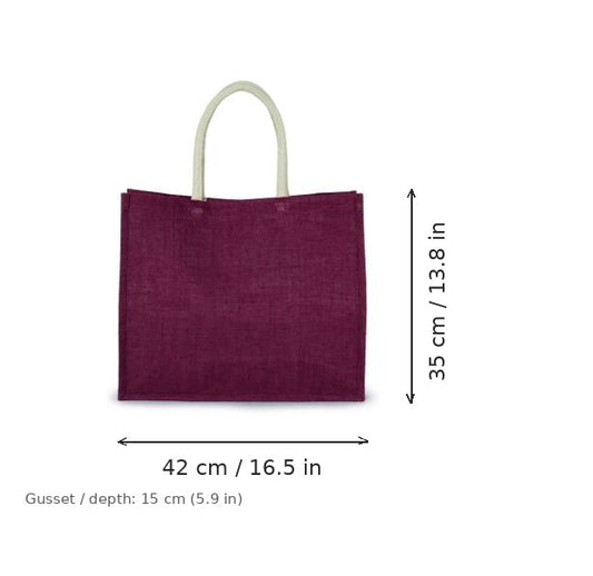 Borsa mare in juta bordeaux palissandro chiaro con stampa personalizzata, 330 g/m², 42 × 35 cm con soffietto da 15 cm, con misure di larghezza e altezza