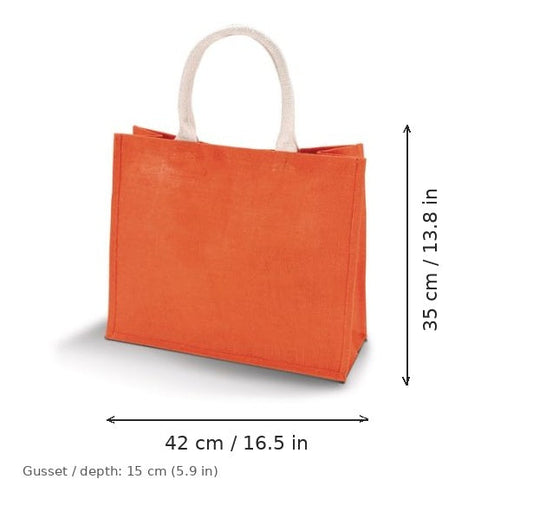 Borsa mare in juta arancione zafferano con stampa personalizzata, 330 g/m², 42 × 35 cm con soffietto da 15 cm, con misure di larghezza e altezza