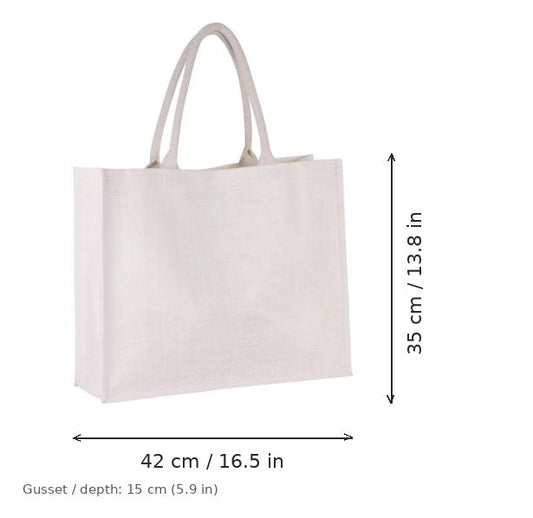 Borsa mare in juta bianca con stampa personalizzata, 330 g/m², 42 × 35 cm con soffietto da 15 cm, con misure di larghezza e altezza