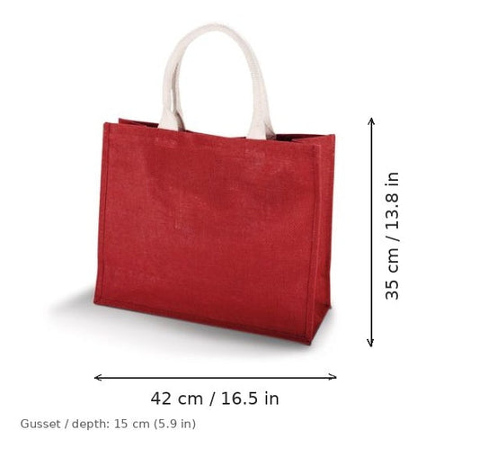Borsa mare in juta rosso vino con stampa personalizzata, 330 g/m², 42 × 35 cm con soffietto da 15 cm, con misure di larghezza e altezza
