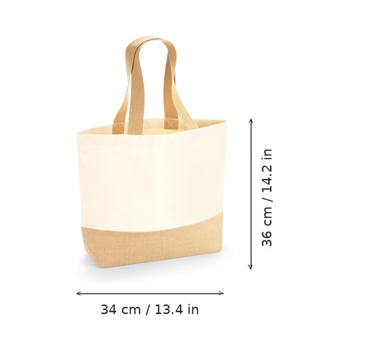 Borsa in juta con soffietto sul fondo naturale e stampa personalizzata, 407 g/m², 34 × 36 cm, con misure di larghezza e altezza