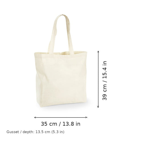Borsa grande in cotone con soffietto bianco naturale con stampa personalizzata, 140 g/m², 35 × 39 cm con soffietto da 13,5 cm, con misure di larghezza e altezza