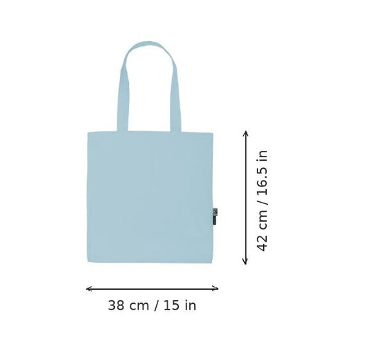 Light blue lightweight organic cotton tote bag with logo print, 120 g/m², 38 × 42 cm, shown with width and height measurement markings