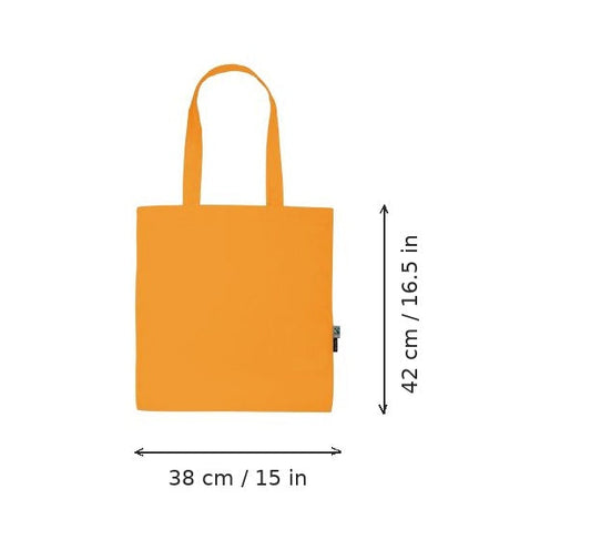 Okay orange lightweight organic cotton tote bag with logo print, 120 g/m², 38 × 42 cm, shown with width and height measurement markings