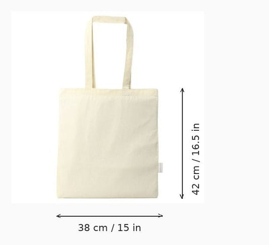 An off-white canvas tote bag with dimension markings showing a height of 42 cm (16.5 in) and a width of 38 cm (15 in) on a white background.