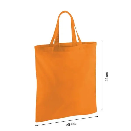Orange bomulds mulepose med korte hanke og logotryk, 140 g/m², 38 x 42 cm
