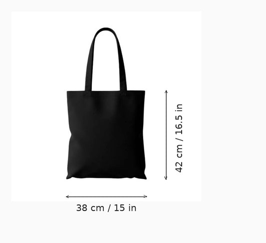 Black budget cotton tote bag with custom print, 38 x 42 cm (15 x 16.5 in), shown with width and height measurement arrows