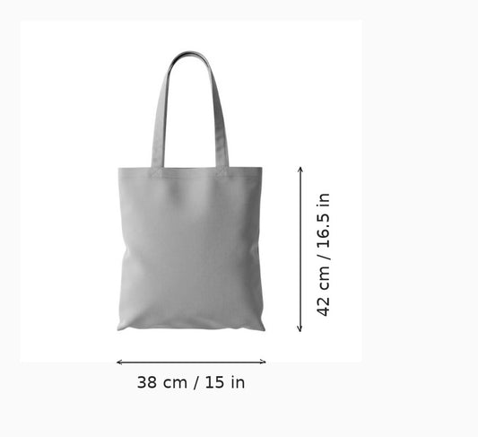 Grey budget cotton tote bag with custom print, 38 x 42 cm (15 x 16.5 in), shown with width and height measurement arrows