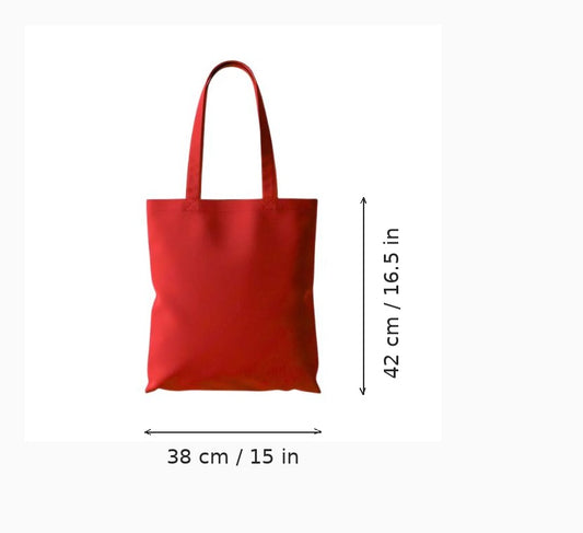 Red budget cotton tote bag with custom print, 38 x 42 cm (15 x 16.5 in), shown with width and height measurement arrows