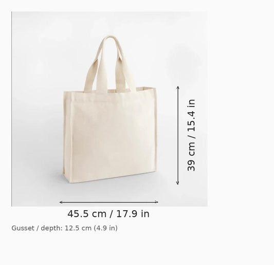 Naturvit tygkasse i återvunnen bomull med eget tryck (Chevron Handle Shopper), 407 g/m², 45,5 x 39 x 12,5 cm — måttdiagram med bredd, höjd och bottendjup