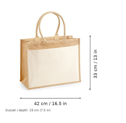 Shopper in juta naturale con tasca in cotone e stampa personalizzata, 340 g/m², 42 × 33 cm con soffietto da 19 cm, con misure di larghezza e altezza